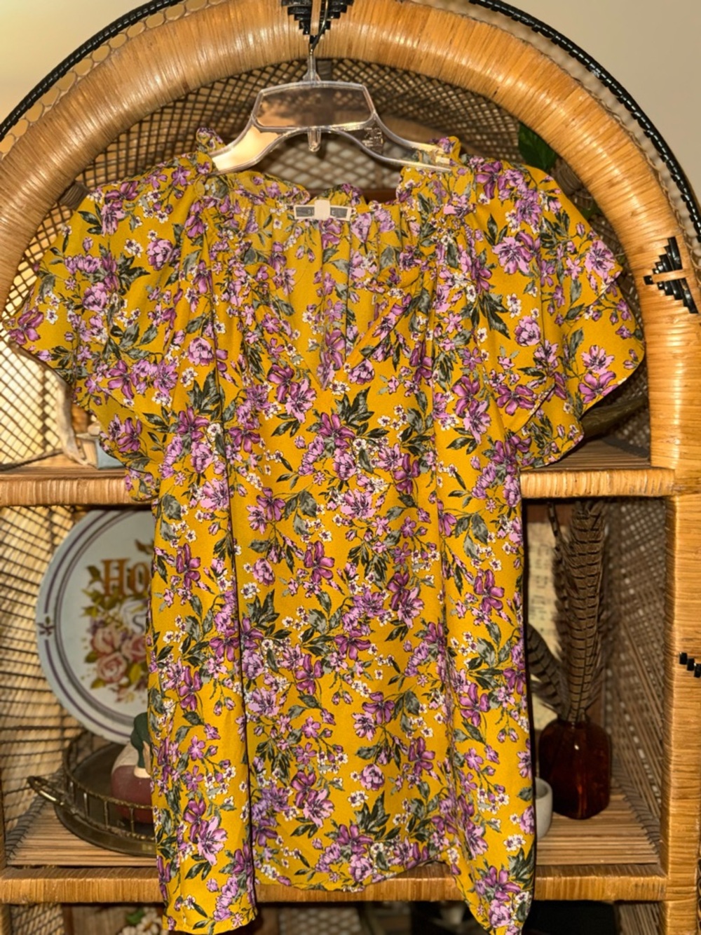 Pleione Mustard Floral V-Neck Ruffle Sleeve Top - Picture 2 of 5